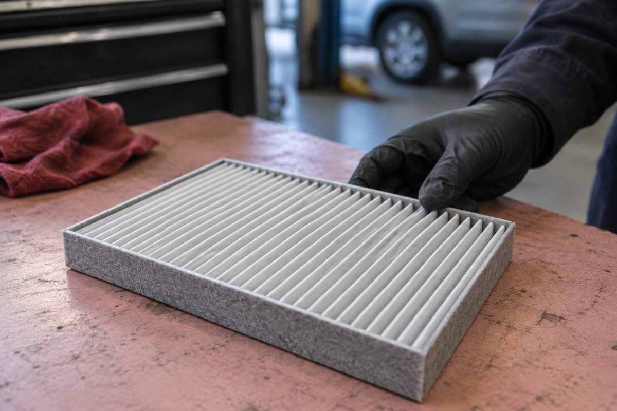 Hands removing a cabin air filter from a paper sleeve