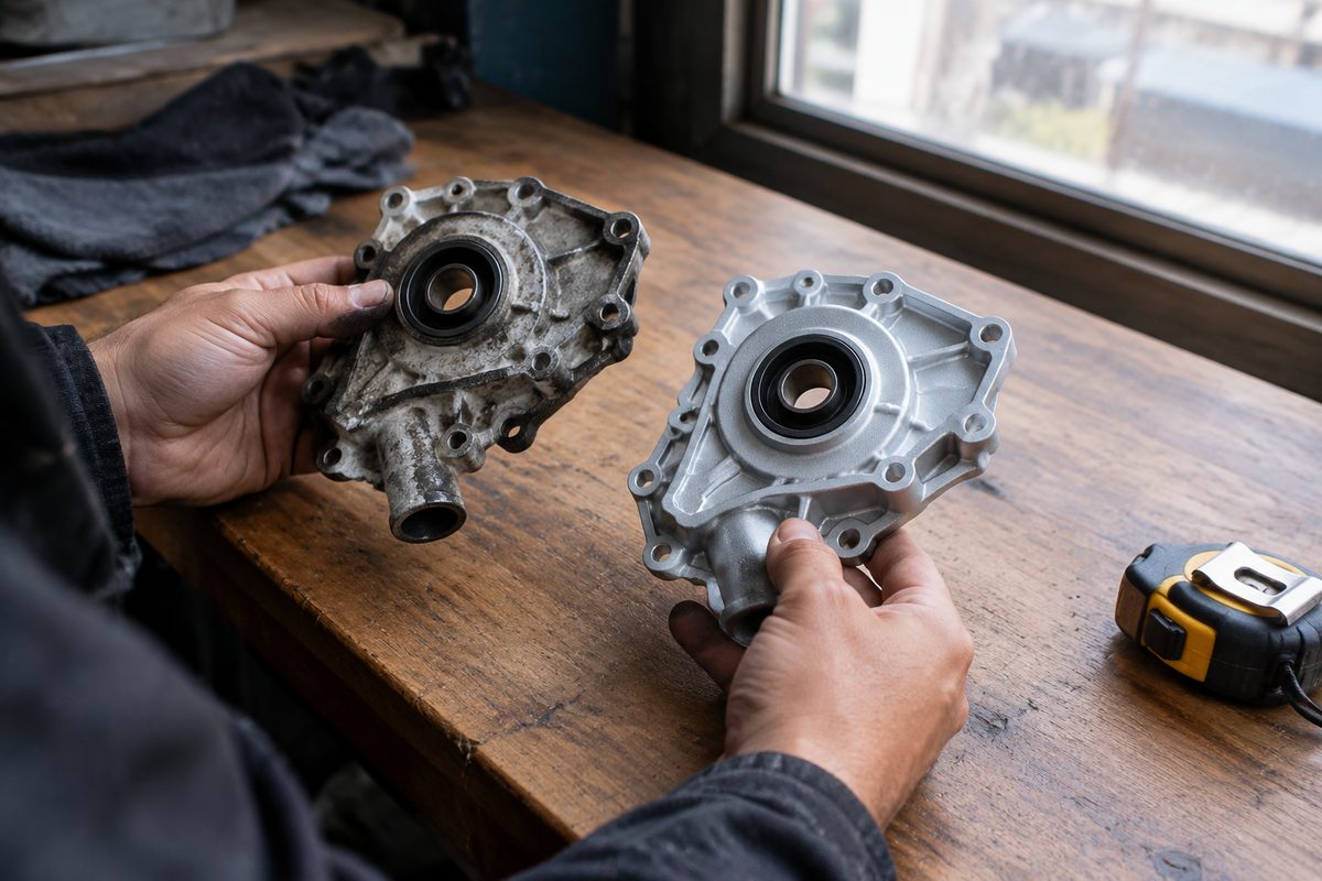 Hands comparing the mounting outlines of two components