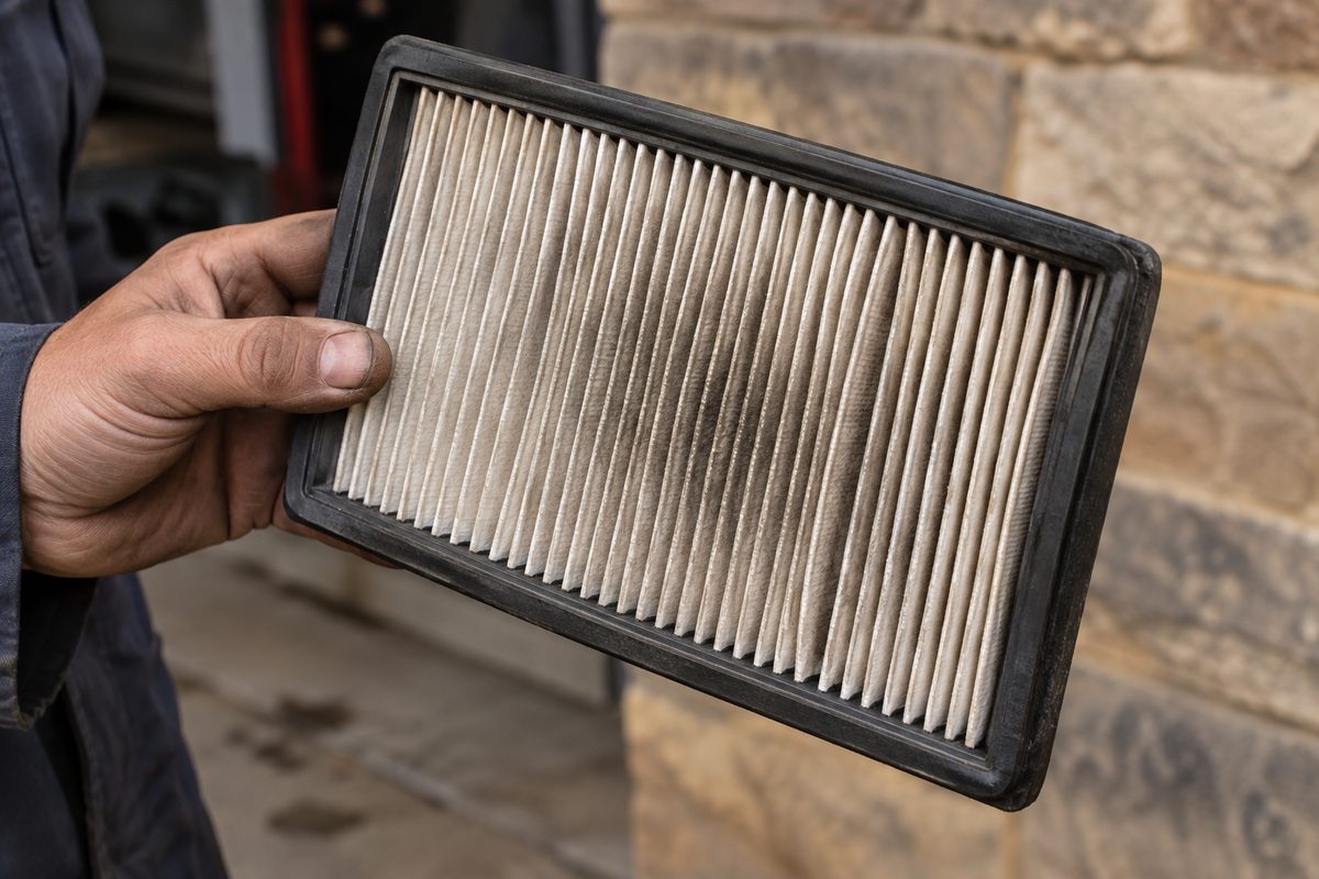 Pleated engine air filter beside an intake airbox