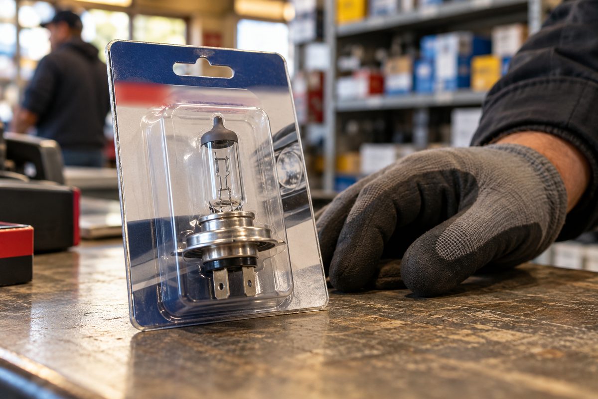 Headlamp bulb with its keyed base and connector visible