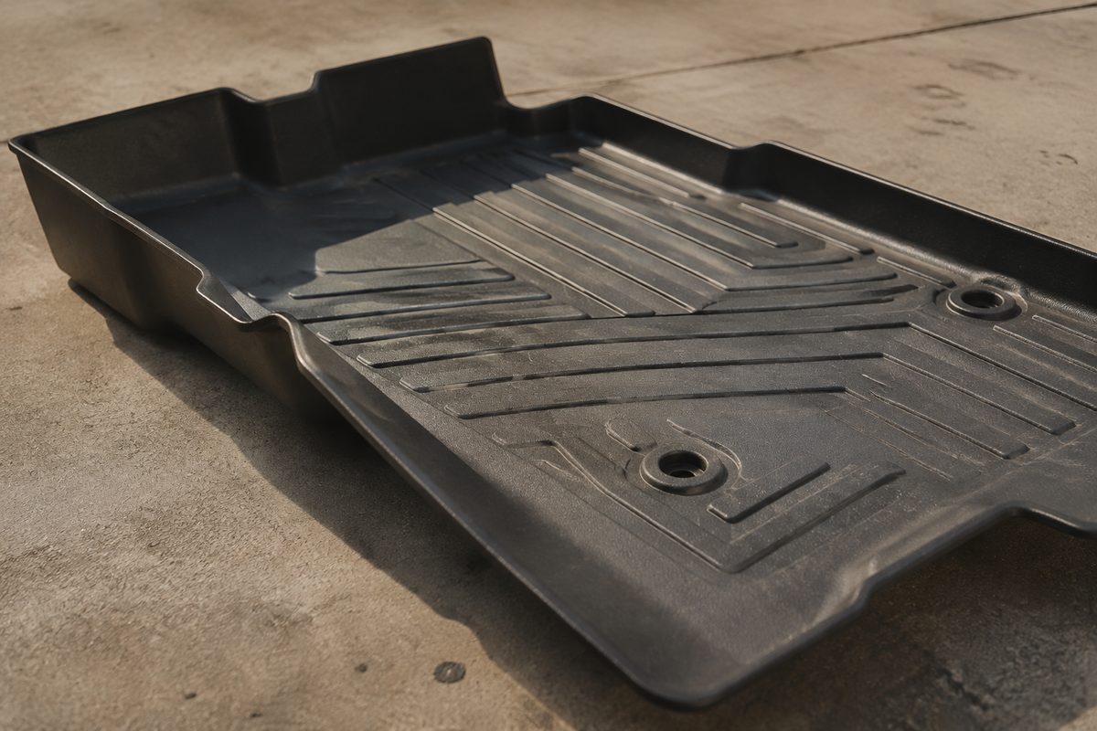 Molded floor liner with raised edges and retention opening