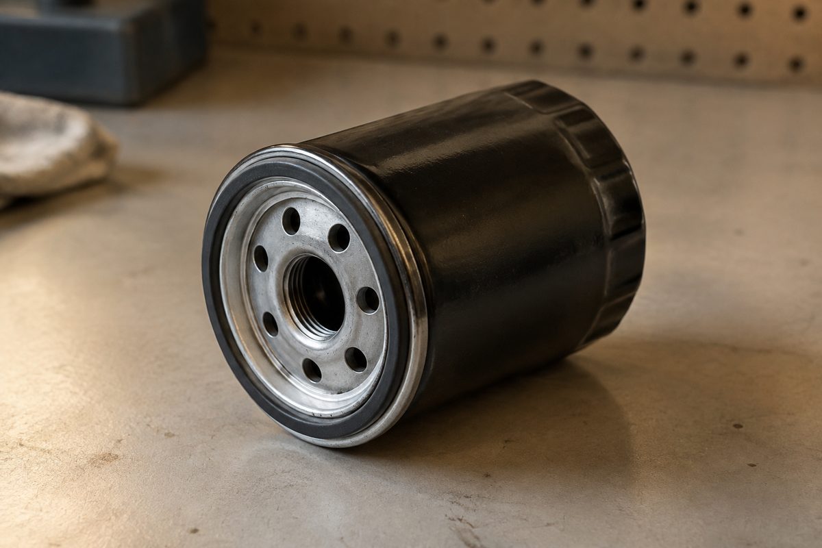 Spin-on oil filter showing its threaded base and sealing ring