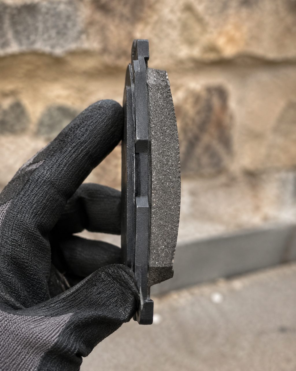 Gloved hand holding a brake pad to show its edge profile