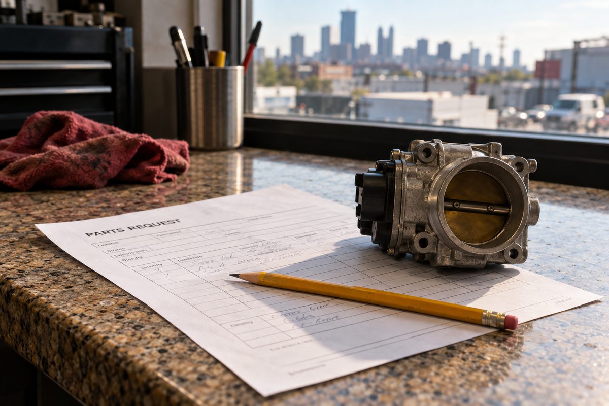 Hands placing protective paper around a replacement part