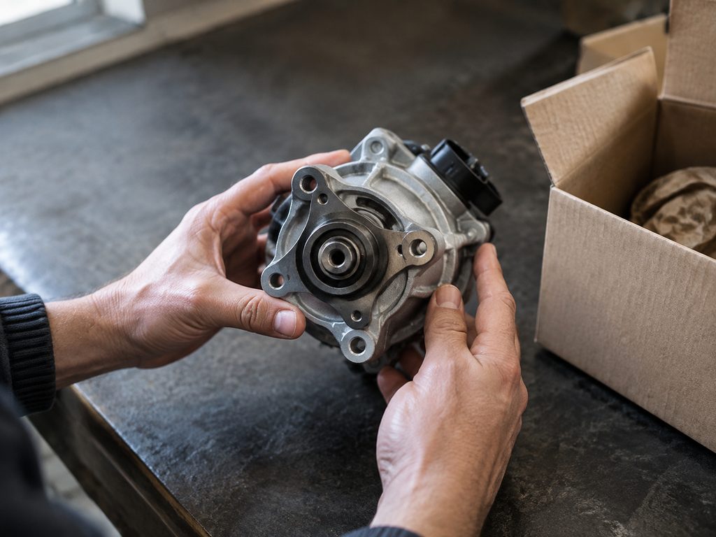 Hands inspecting a replacement component at a parts counter