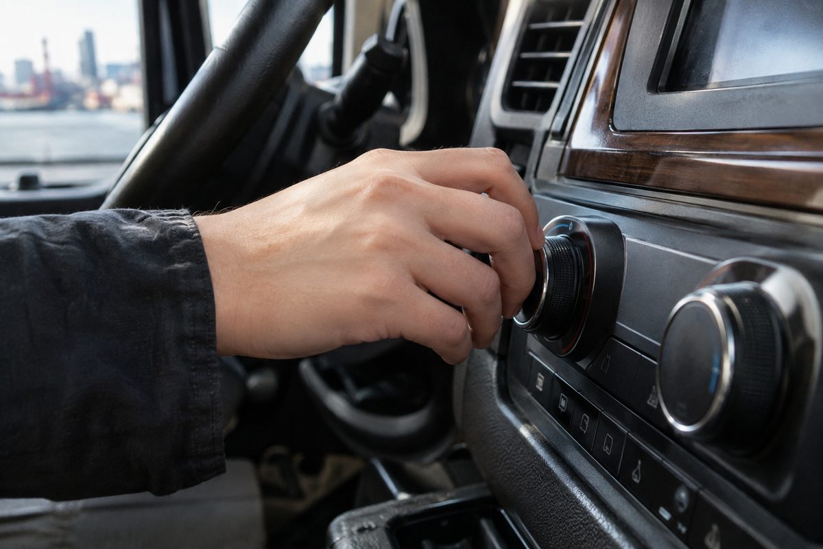 Hand reaching a large physical control inside a parked vehicle