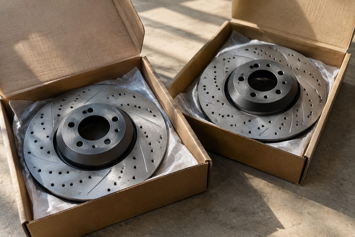 Two brake rotors in separate protective cartons