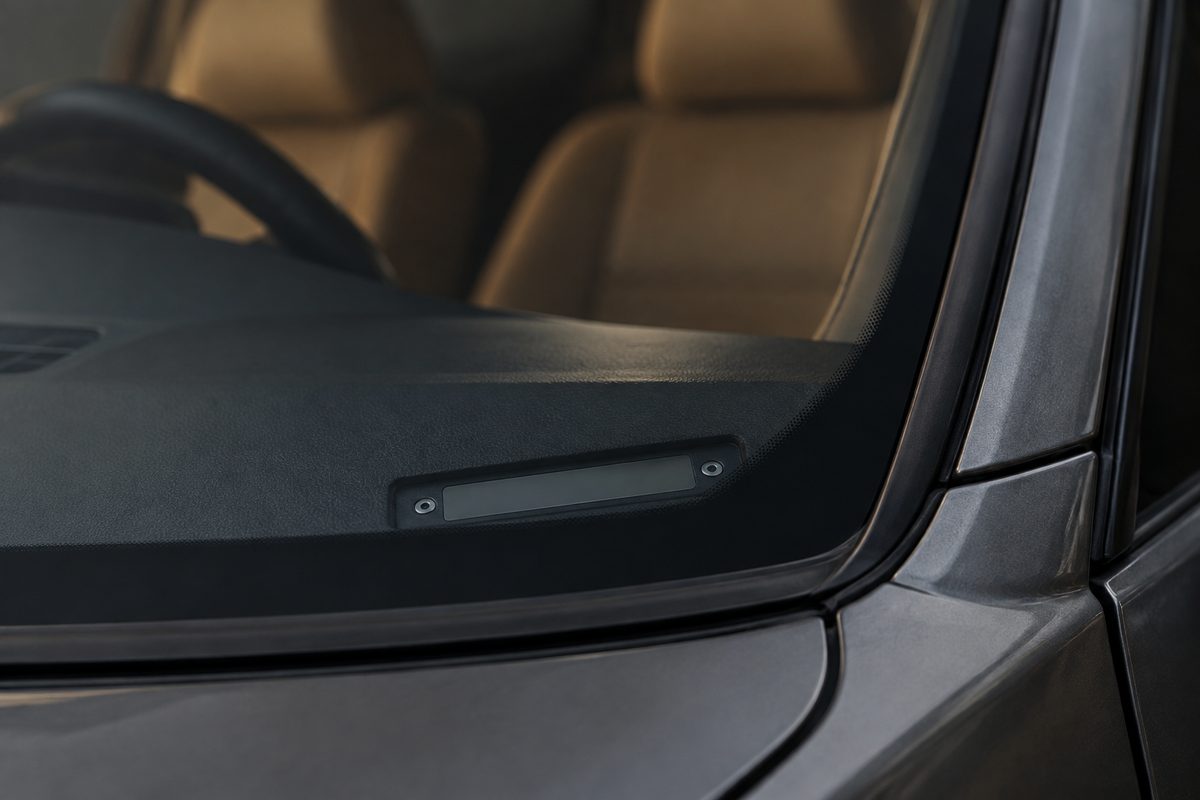Vehicle identification plate location at the base of a windshield